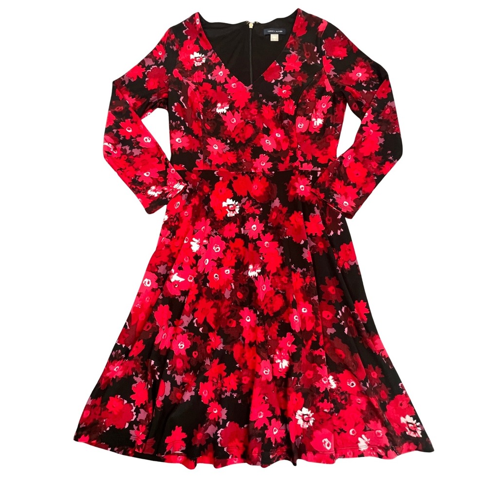 Tommy Hilfiger Womens Dress 6 Red Black Floral V-Neck Long Sleeve A-Line Elegant